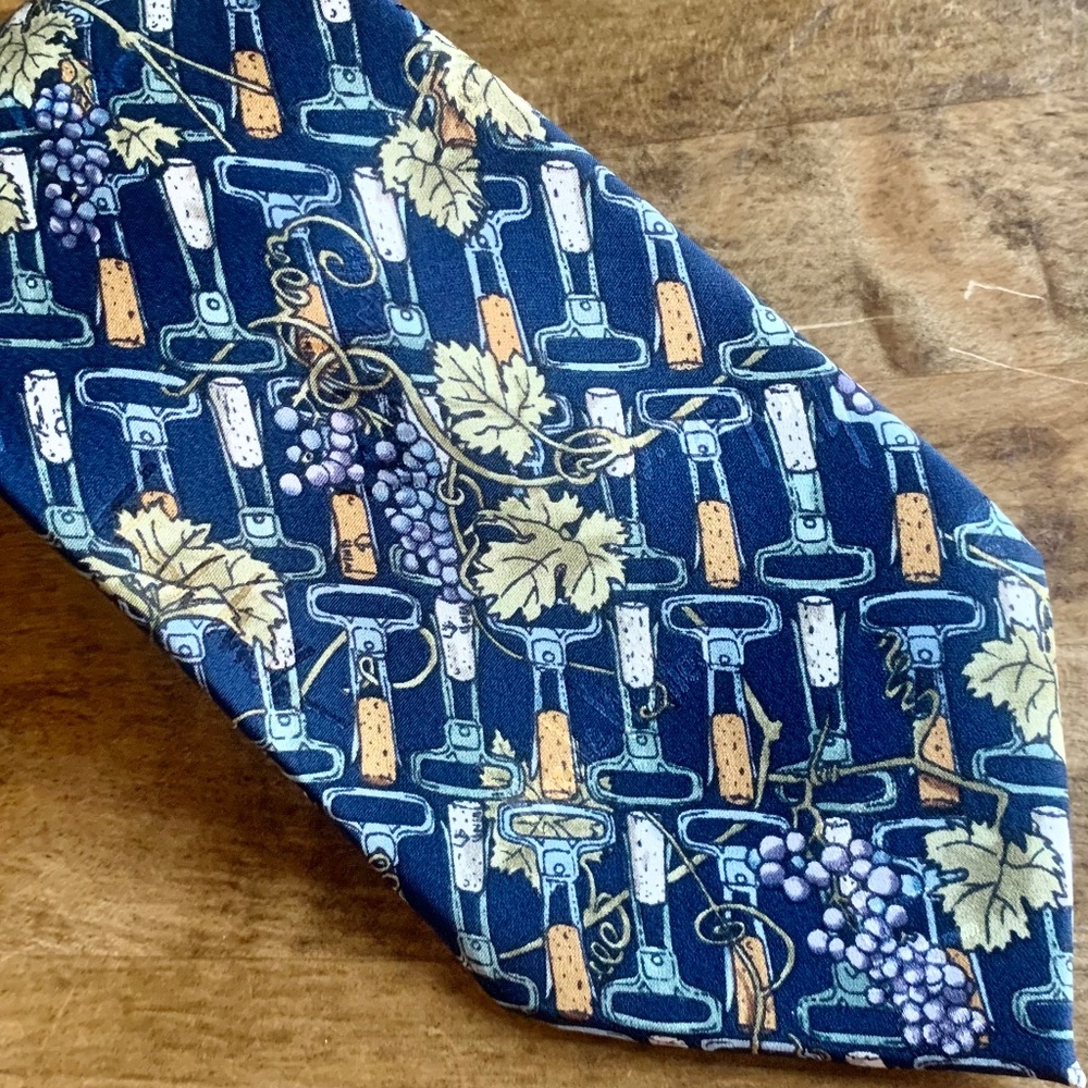 Vintage 100% Silk Wine & Cork Print Tie | Made in Korea | 4”